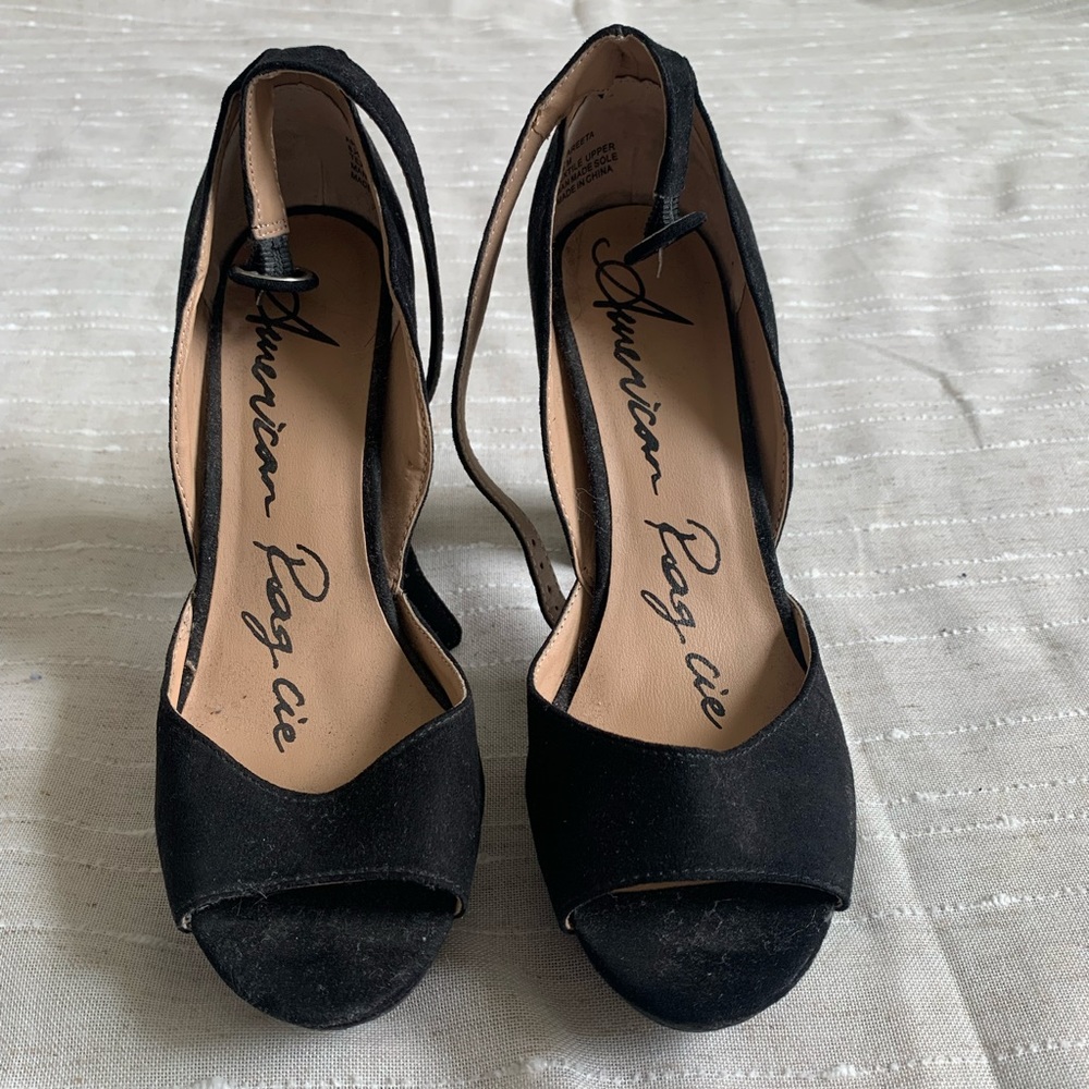 American Rag 4.5 Inch Black Ankle Strap, Open Toe, Suede Heels